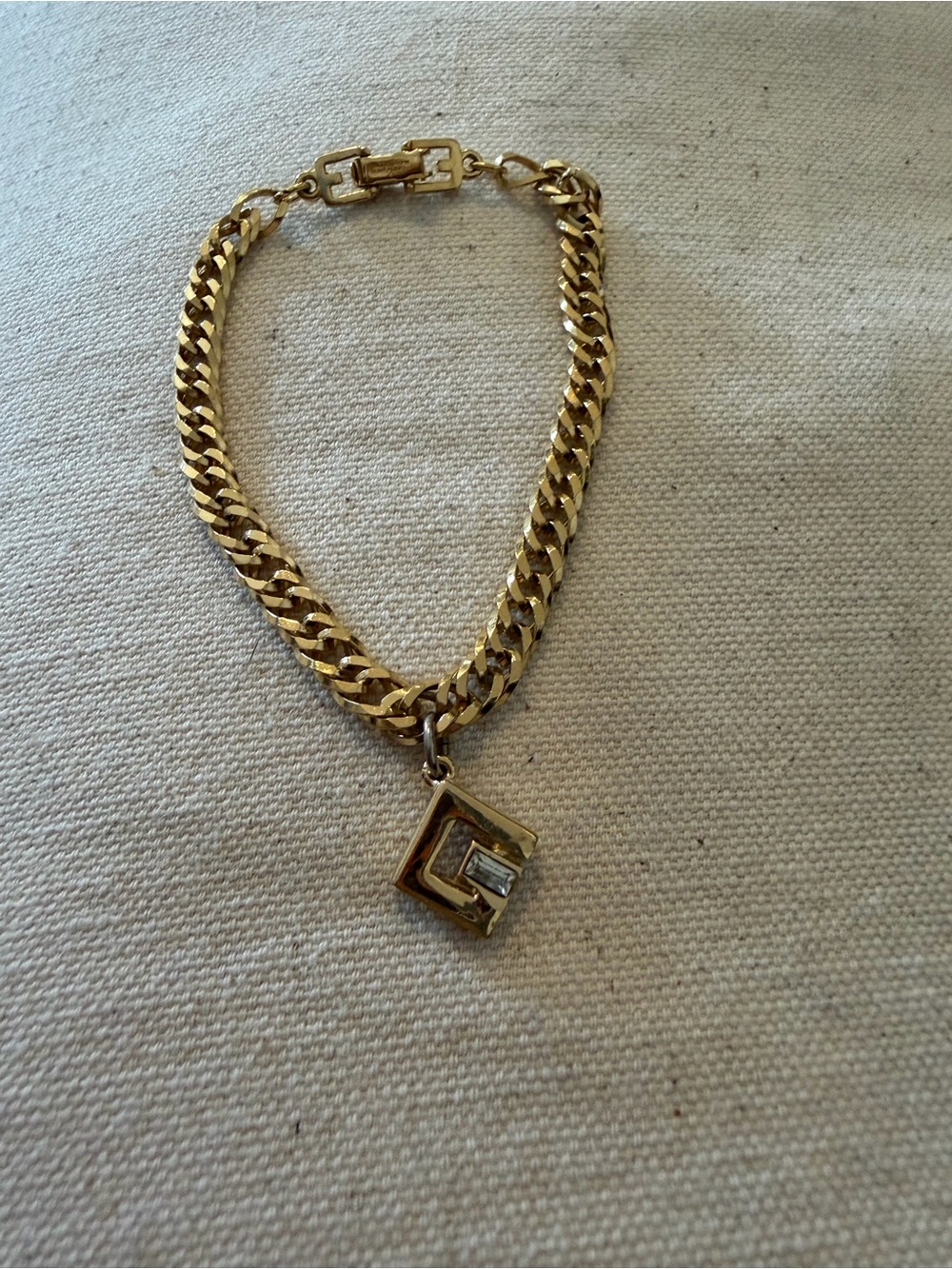 Vintage Authentic Givenchy Gold-Tone Curb Chain Bracelet with Geometric Crystal
